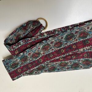 Vintage Hand Batik Cloth Belt Gold Metal Rings USA Unisex